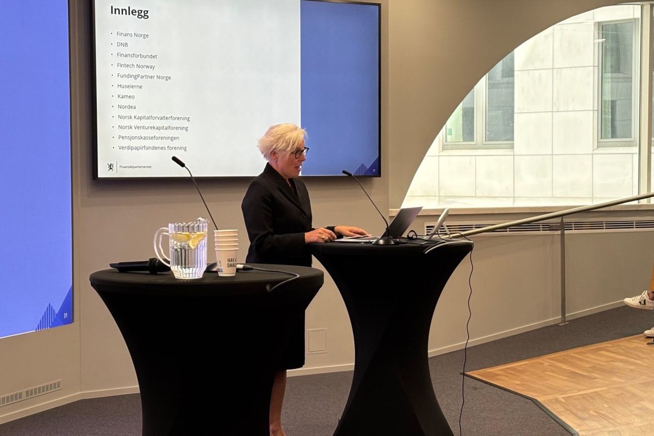 Finans Norge presenterer foran Finansdepartementet. 