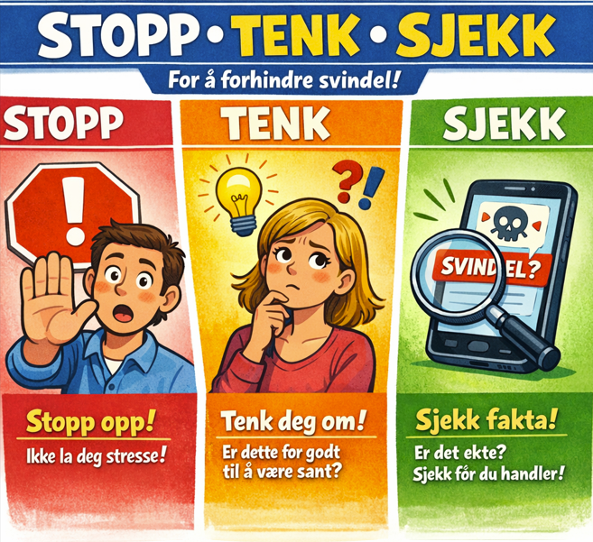 Illustrasjon på de tre viktige tingene du skal tenke på når du får en henvendelse som kan være svindel: STOPP, TENK, SJEKK