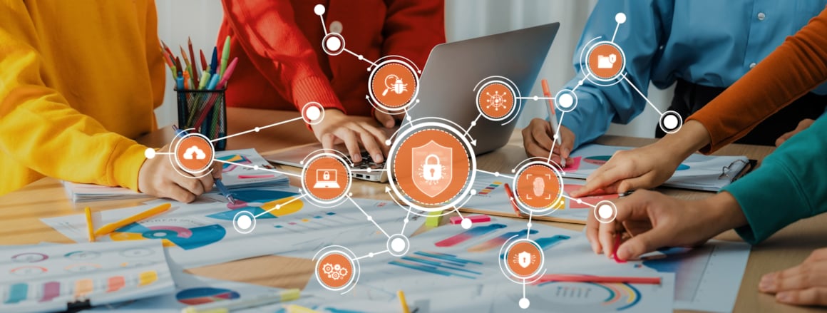 Bannerbilde til fagseminar personvern. hender og bobler med informasjon. 