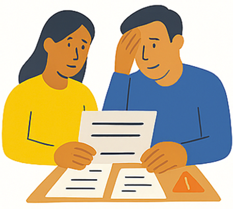 Tegning av et par som ser på en bunke regninger