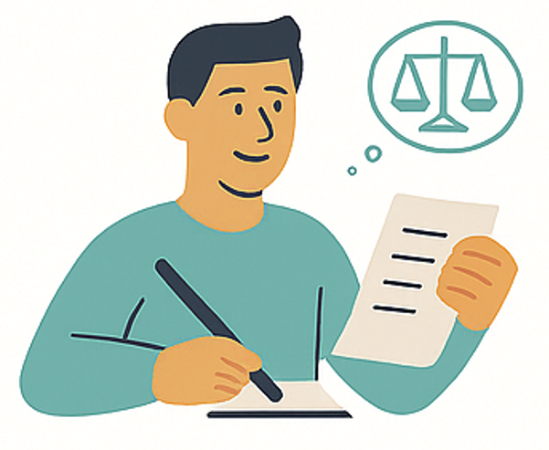 Tegning av en som holder et ark og en penn.