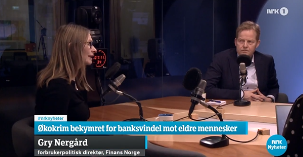 Økokrimsjef Pål Lønseth og Finans Norges forbrukerpolitiske direktør Gry Nergård er enig om at tettere samarbeid er veien å gå for å ta svindlerne. Faksimile fra NRKs nyhetssending 16. januar.