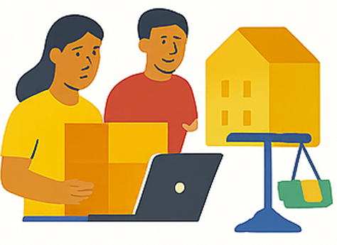 Tegning av et par som holder en flytteeske foran en pc, et hus og en vekt