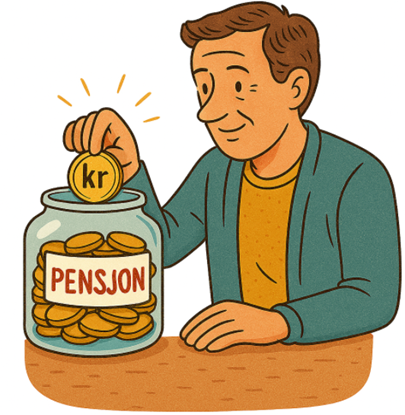 Tening av en mann som putter mynter på et stort glass som har merkelappen "Pensjon"