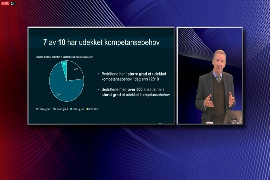 Nærmere 90 personer så direktesendingen da Idar Kreutzer, administrerende direktør i Finans Norge, var med på åpningen av et første kurset i digital transformasjon. Foto: Finans Norge