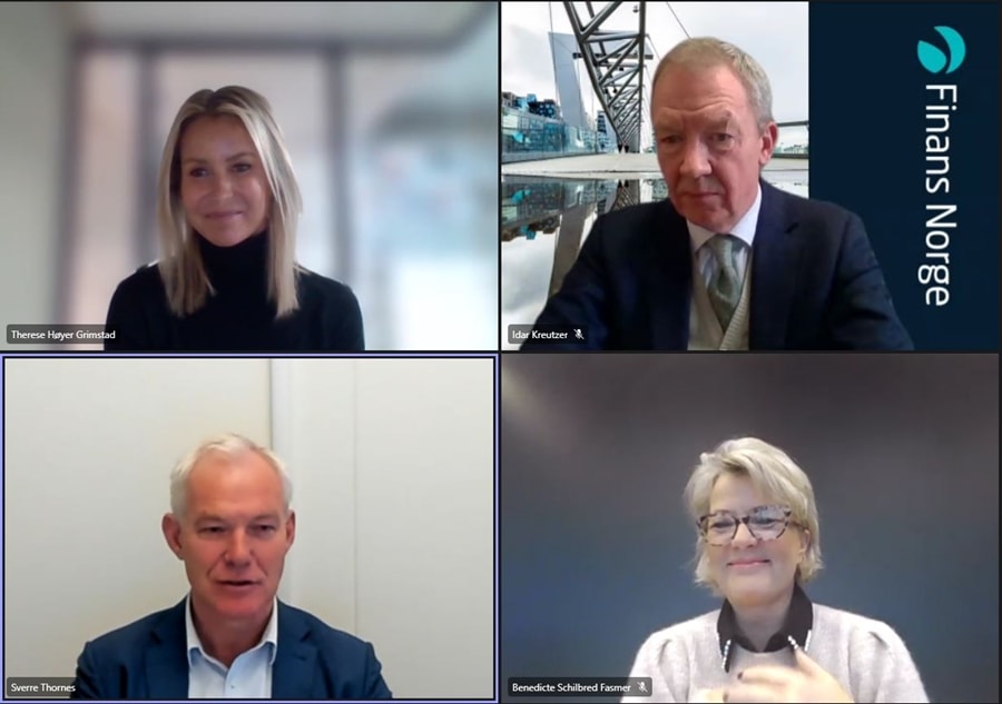 Bilde fra webinaret: Sverre Thornes, KLP, Benedicte Schilbred Fasmer, SpareBank 1 SR-Bank og Idar Kreutzer, Finans Norge i samtale med Therese Høyer Grimstad.