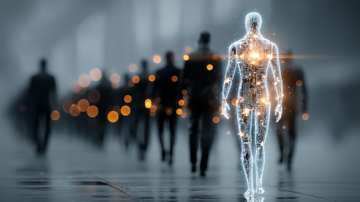 Futuristisk illustrasjon som viser samspillet mellom mennesker og kunstig intelligens.