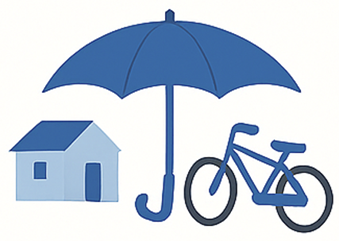 Tegning av en sykkel og et hus som står under en stor oppslått paraply