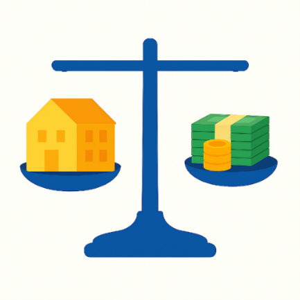 Tegning av en vekt med et hus på den ene siden og en pengebunke på den andre siden