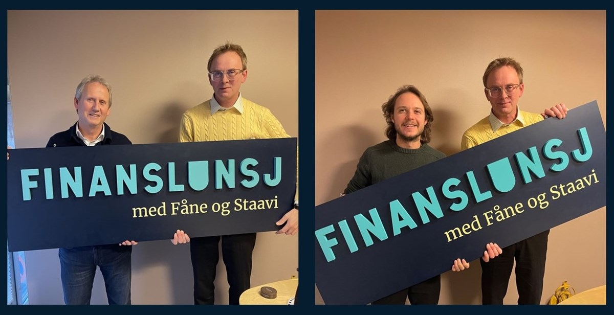 Tom Høiberg (t.v.), Morten Søberg, og Håvard Kittelsen (t.h.) er ukens gjester i Finanslunsj. Foto.