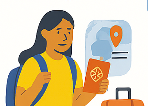 Tegning av en jente som holder et pass i hånden