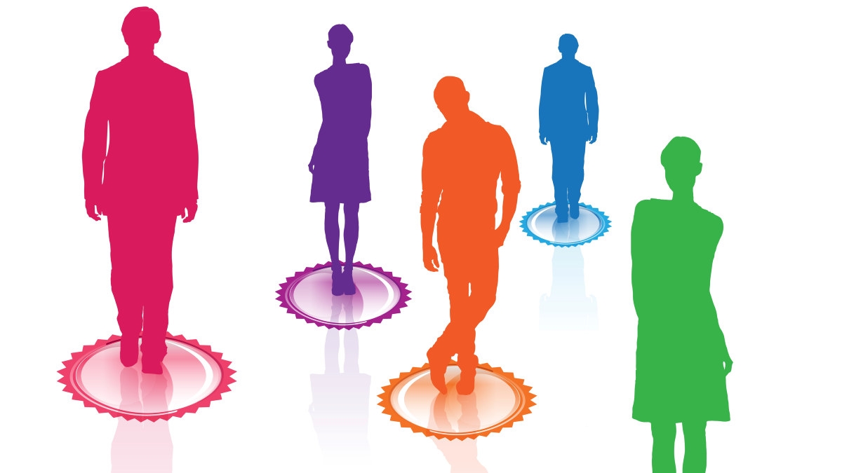 Tegning av fem menneskesiluetter i forskjellige farger - skal illustrerer rekruttering