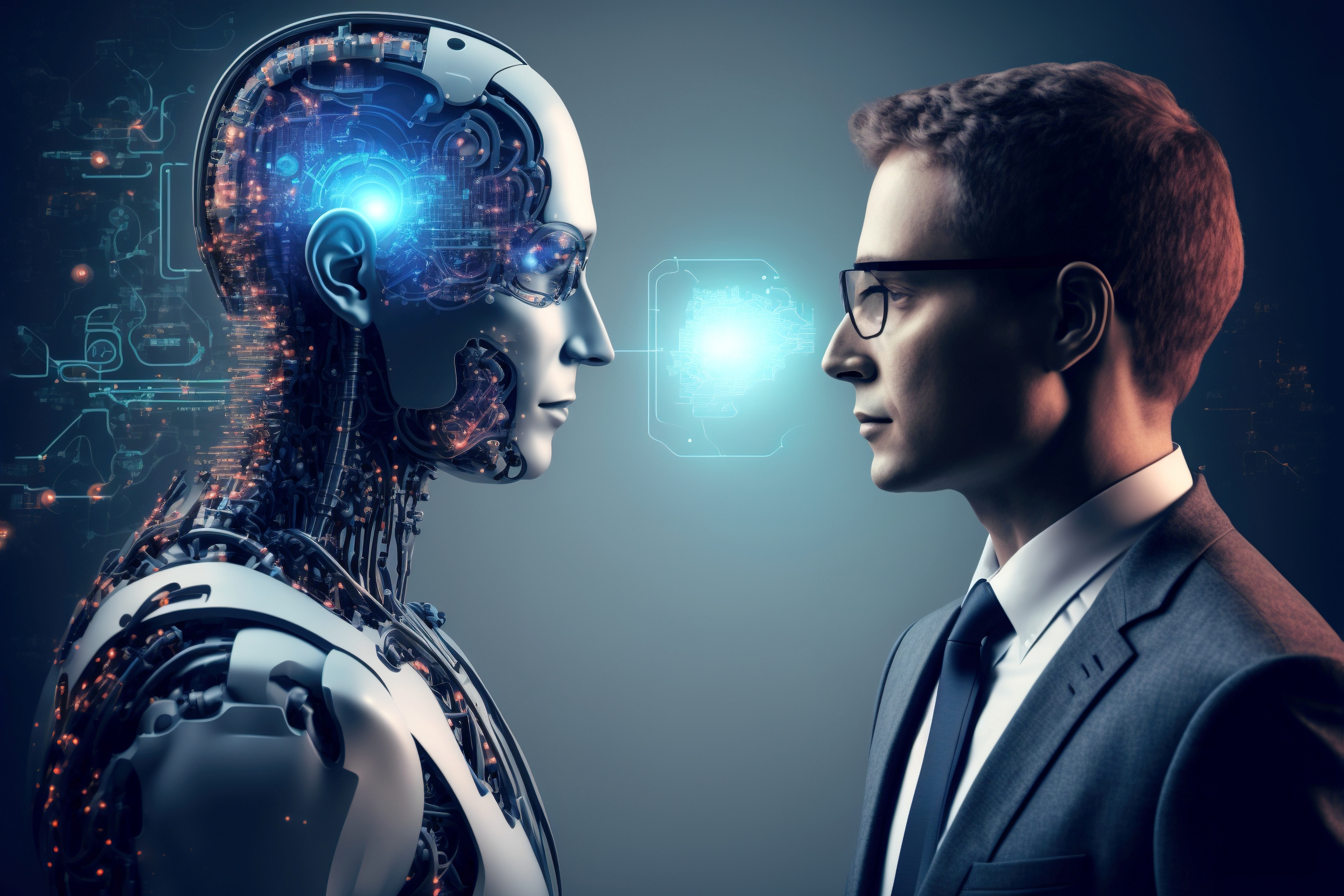 Mann i dress står foran en AI generert robot. Foto.