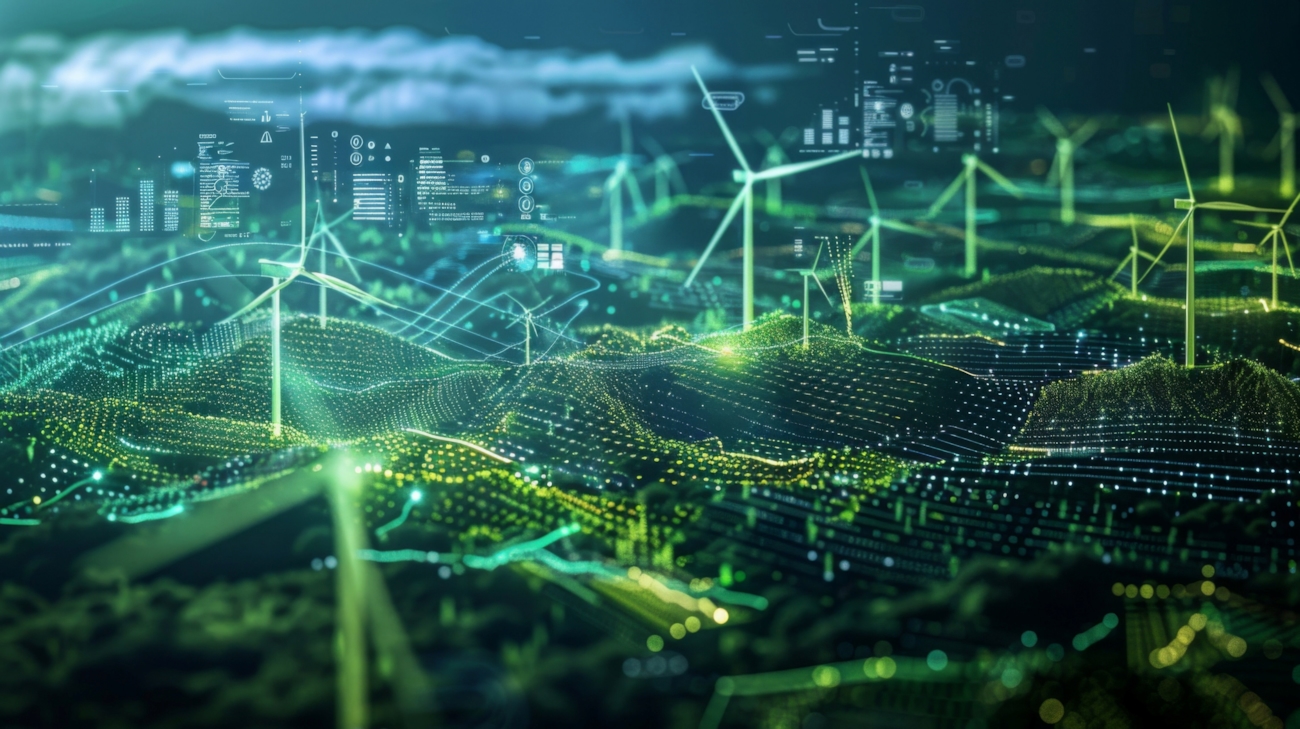 Et digitalt kart som viser data fra global fornybar energi. Illustrasjon.