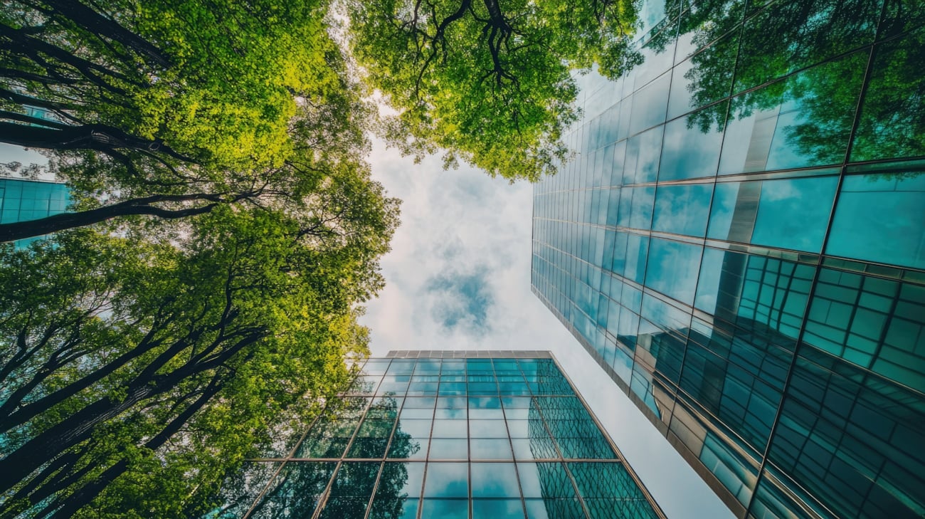 Ser opp mot høye trær og glassbygninger. Foto.