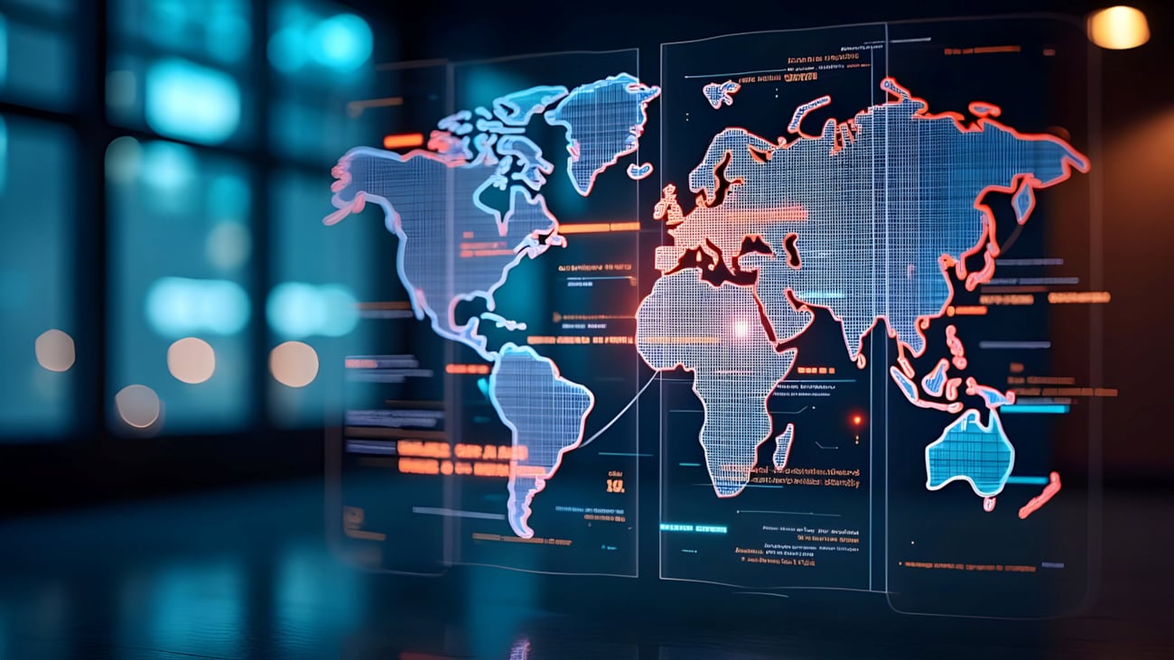 Digitalt kart over jorden med advarsler om krig. KI. Illustrasjon.
