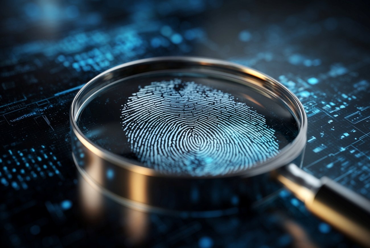 Et digital fingeravtrykk har et forstørrelsesglass over seg, og gir en idé om en digital identitet som blir undersøkt. Illustrasjon.
