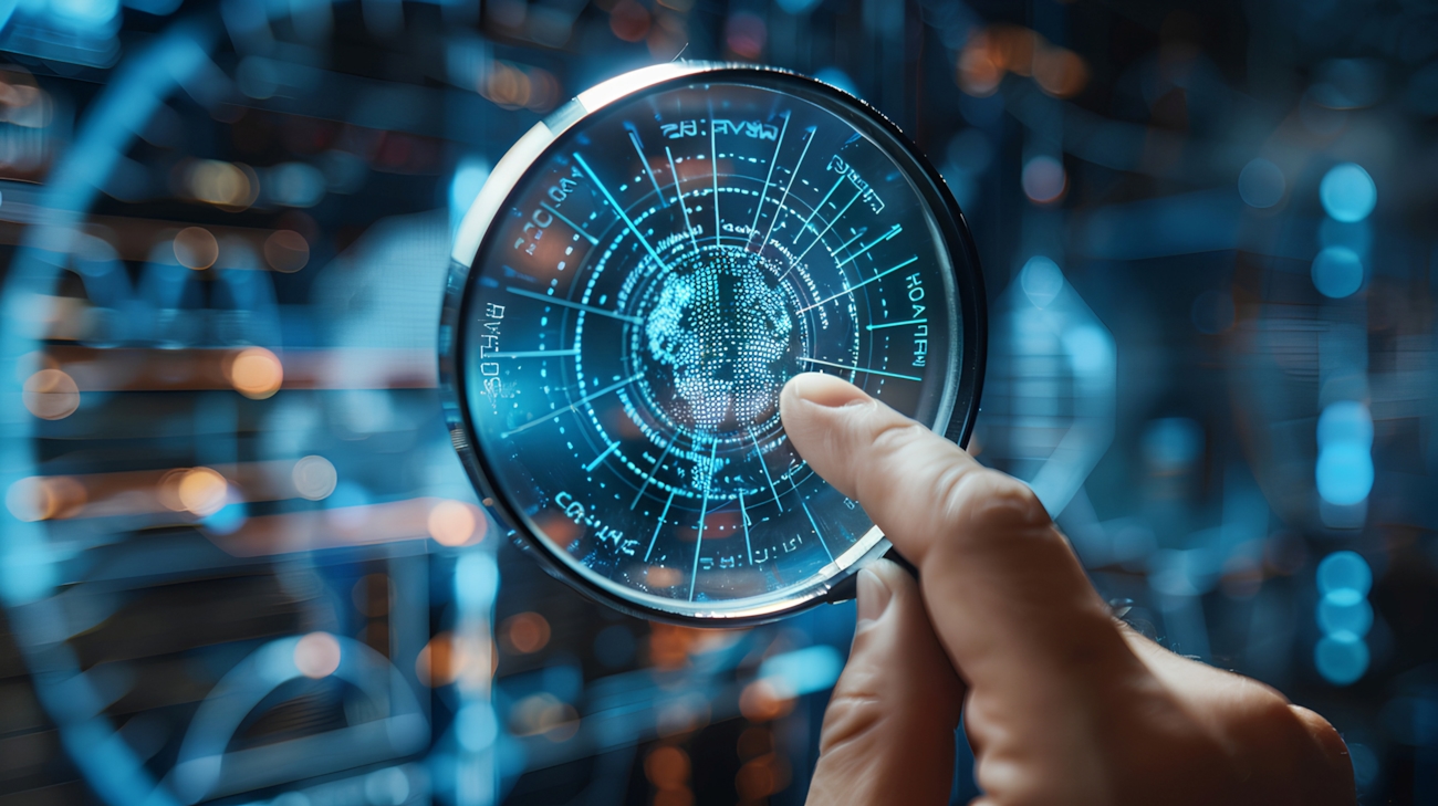 Know your customer (KYC) konsept. Person som bruker et forstørrelsesglass til å fokusere på identifisere årsak for økonomisk kriminalitet og sikkerhet. Illustrasjon/KI.