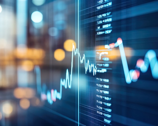 Nærbilde av et digital skjerm som viser finansielle renter.