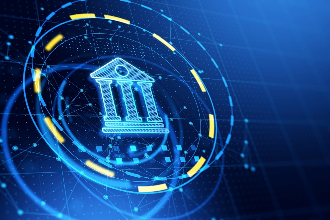 Lysende blått digitalt skilt av en bank. Illustrasjon.