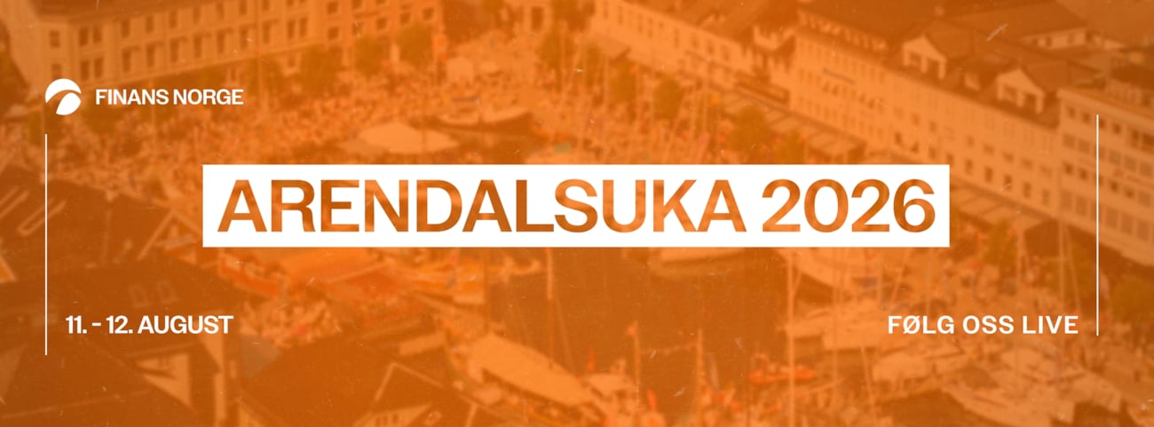 Logoen til Finans Norges arrangement på Arendalsuka 2026 er oransj med hvit tekst med logo og dato for arrangementet.