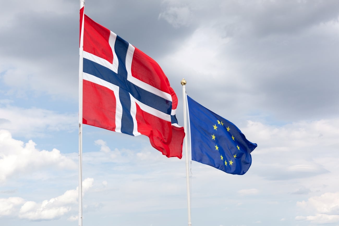 Det norske flagget og EUs flagg i vinden sammen. Foto.