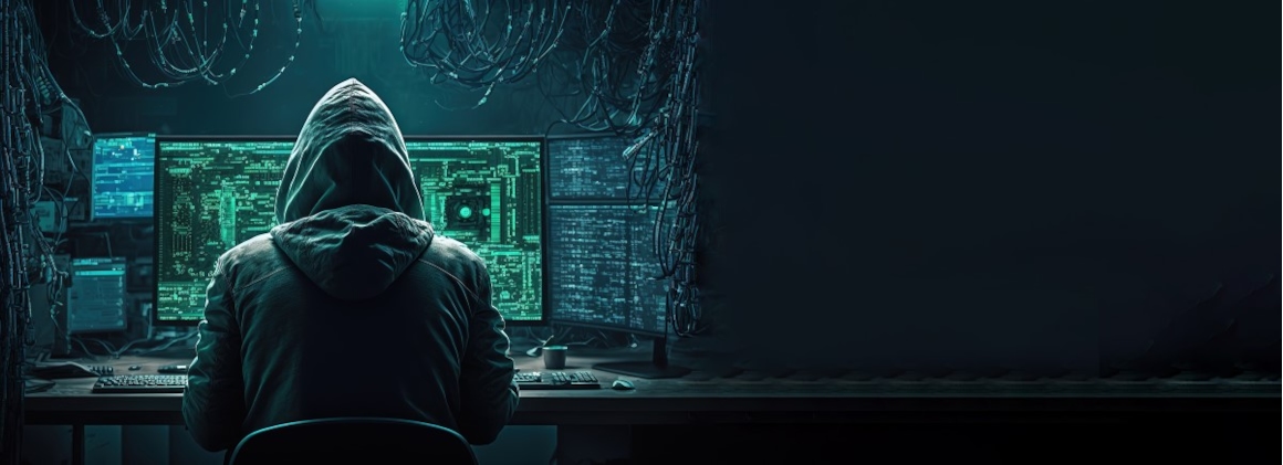 Digital crime by an anonymous hacker in front of his computer committing digital cyber crime, banner with copy text space, generative ai. Foto.