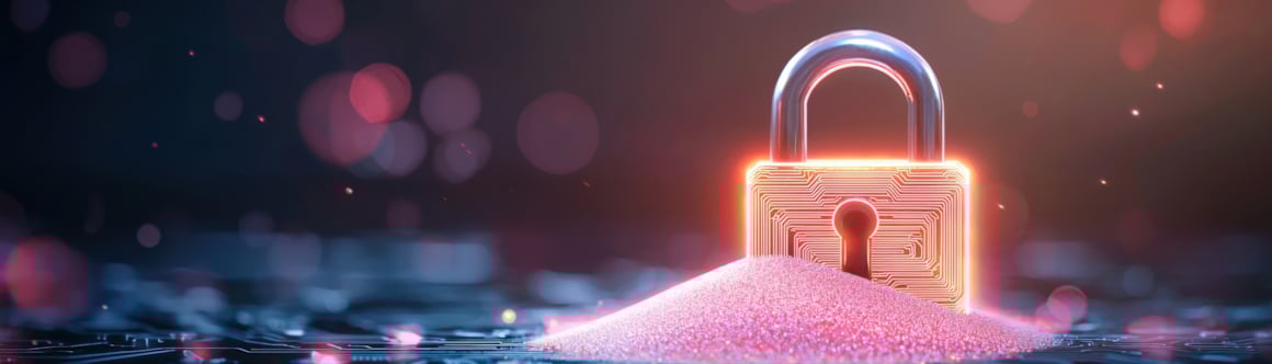 Bannerbilde til fagseminar personvern. En glødende hengelås på toppen av rosa sand i en futuristisk situasjon.