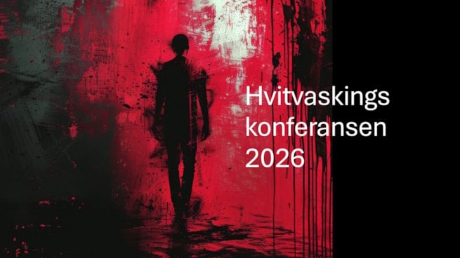 Skyggen av en person i sort på røs bakgrunn. Foto.