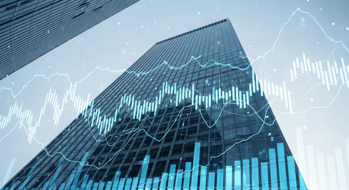 Skyskraper sett nedenifra med flere blå og hvite diagrammer over. Bilde.