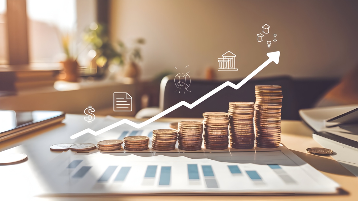 bildet av et rom med et bord, mynter i ulike høyder, rapporter og en graf over